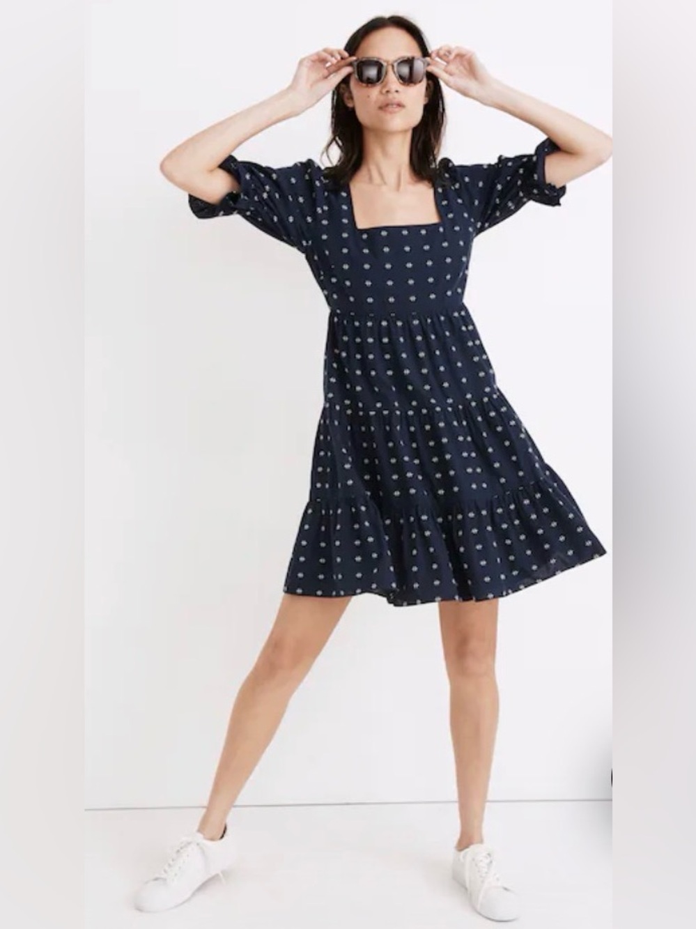 Madewell Babydoll Mini Dress Low Cut Tiered Puff Ruffled Sleeve Blue White Sz. 6